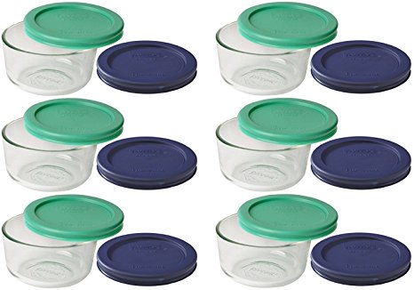 Pyrex Storage 1 Cup Round Dish, Clear with Green   Blue Lids, Pack of 6 Containers