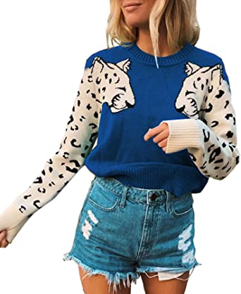 Angashion Women's Sweaters Casual Leopard Printed Patchwork Long Sleeves Knitted Pullover Cropped Sweater Tops