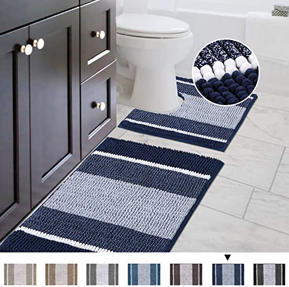 Shaggy 2 Piece Bath Rug Set (Ombre Navy) 20 x 20 U Shape Contour Rug & 20 x 32 Bathroom Rug Machine Wash/Dry Bath Mats for Bathroom Plush Absorbent Bathroom Rugs and Mats Set Non Slip