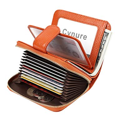 Women's 16 Slots Card Holder Leather Zipper Compact Accordion Wallet with ID Window