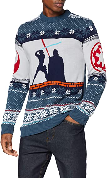 Star Wars Numskull Unisex Official Luke Vs Darth Vader Knitted Christmas Jumper for Men or Women - Ugly Novelty Sweater Gift Blue