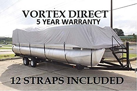 NEW GREY 24 FT VORTEX ULTRA 5 YEAR CANVAS PONTOON/DECK BOAT COVER, ELASTIC, STRAP SYSTEM, FITS 22'1" FT TO 24' LONG DECK AREA, UP TO 102" BEAM (FAST - 1 TO 4 BUSINESS DAY DELIVERY)