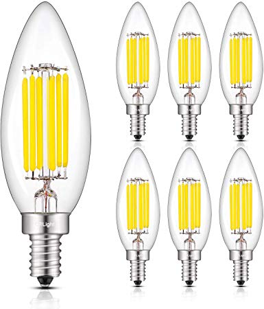 CRLight 6W Dimmable LED Candelabra Bulb 5000K Daylight White, 65W Equivalent 650LM, E12 Base Chandelier Clear Glass LED Filament Light Bulbs, B10 Candle Torpedo Shape, Smooth Dimming Version, 6 Pack