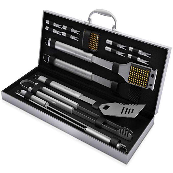 Home-Complete BBQ Grill Tool Set- 16 Piece Stainless Steel Barbecue Grilling Accessories with Aluminum Case, Spatula, Tongs, Skewers