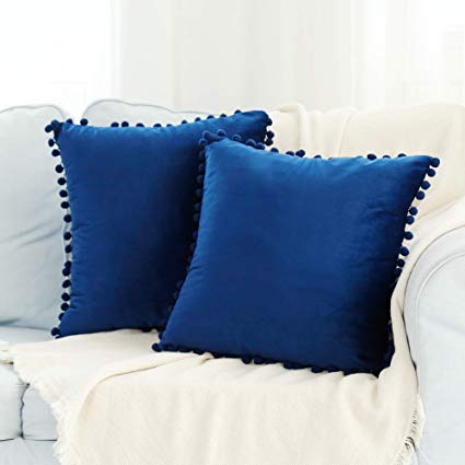 Jerry Fabrics Set of 2 Soft Velvet Solid Decorative Throw Pillow Cover with Pom Poms Home Decor Design Set Cushion Case for Sofa Bedroom Car 18×18 Inch(45×45 cm) (A1-Velvet-Dark Blue)