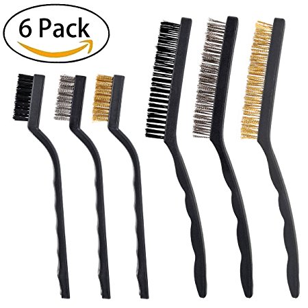 6 pieces Scratch Brush (Stainless Steel   Brass   Nylon) with 2 sizes, Curved Handle Wire bristle for Cleaning Welding Slag and Rust