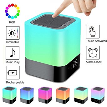 Aisuo Night Light - 5 in 1 Bedside Lamp with Bluetooth Speaker, 12/24H Digital Calendar Alarm Clock, Touch Control & 4000mAh Battery, Support TF and SD Card, the Best Gift for Kids and Friends.