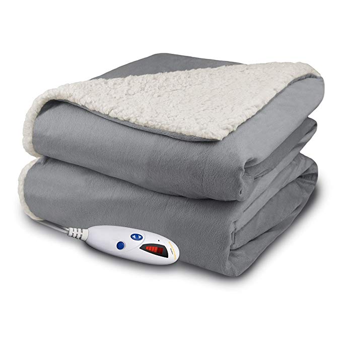 Pure Warmth Micro Mink Sherpa Heated Throw Blanket Grey