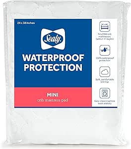 Sealy Waterproof Protection Fitted Toddler and Baby Mini Crib Mattress Pad Cover Protector - 38” x 24” - White