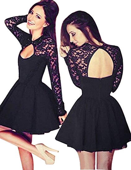 Little Hand Womens Casual Prom Sexy Short Lace Party Bodycon Slim Dress, Black2, Large