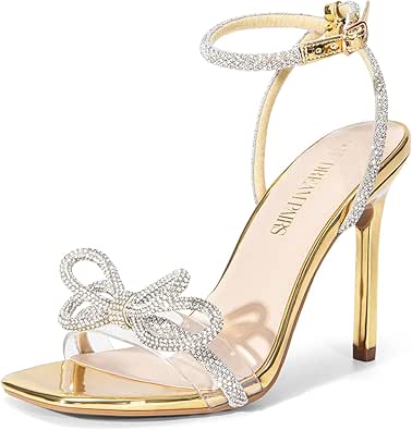 DREAM PAIRS Women's Double Bowknots Crystal Sandals Clear Slingback Heels Square Toe Shoes for Party Wedding