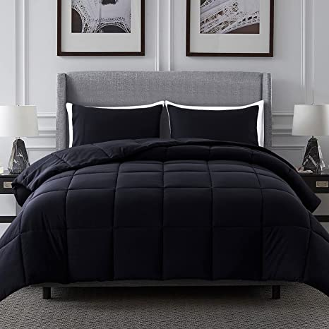 Cosybay 3 Piece Comforter Set- Quilted Ultra-Soft Microfiber- Lightweight Down Alternative Comforter with Shams- All-Season Bedding Set-Queen, Black