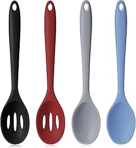 Boao 4 Pcs Silicone Cooking Spoons Set Silicone Serving Spoon Silicone Nonstick Mixing Spoons Slotted Spoons Large Nonstick Heat Resistant Spoons for Kitchen Cooking Bake Stir (Mixed Colors)