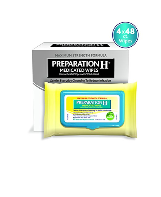 Preparation H (48 Count) Flushable Medicated Hemorrhoid Wipes, Maximum Strength Relief with Witch Hazel and Aloe, Pouch (Pack of 4)