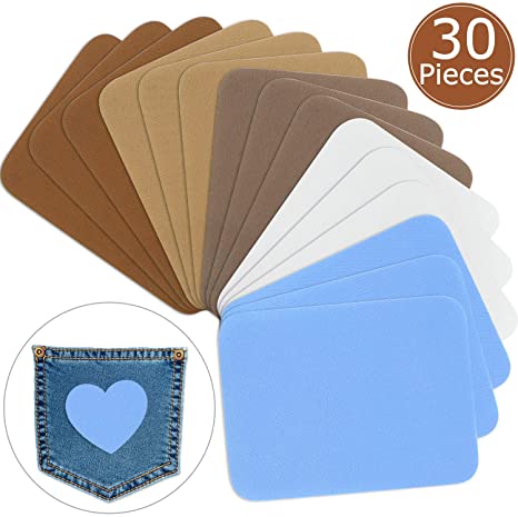 30 Pieces Iron on Fabric Patches Iron on Twill Cloth Patches Repair Kit Large Size for Clothes Pants Jeans Jackets, 4.9 x 3.7 Inch (Sky Blue, Grey, Light Tan, Dark Coffee, Beige)