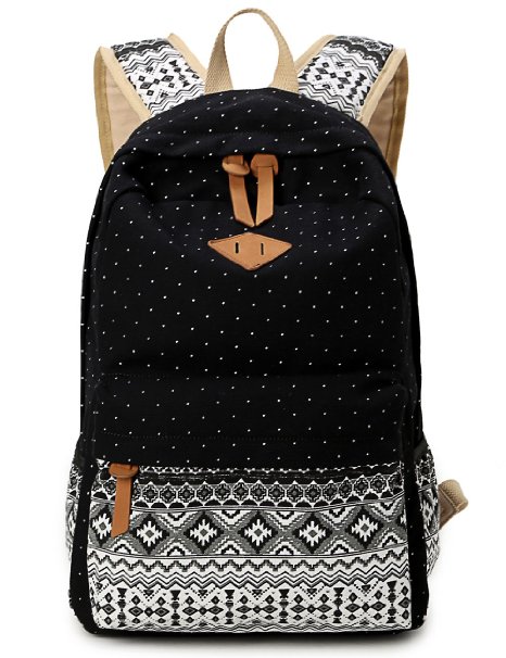 Leaper Geometry Dot Casual Canvas Backpack Bag Fashion Cute Lightweight Backpacks for Teen Young Girls Black