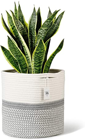 POTEY 700602 Cotton Rope Woven Plant Basket Modern Woven Basket for 10" Flower Pot Floor Indoor Planters, Storage Organizer Basket Rustic Home Decor, White Grey Stripes 11"x 11"