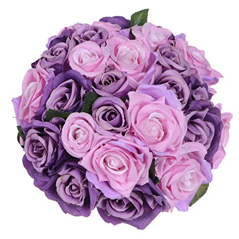 Artiflr Artificial Flowers Rose Bouquet 2 Pack Fake Flowers Silk Plastic Artificial White Roses 18 Heads Bridal Wedding Bouquet for Home Garden Party Wedding Decoration (Purple-Pink)