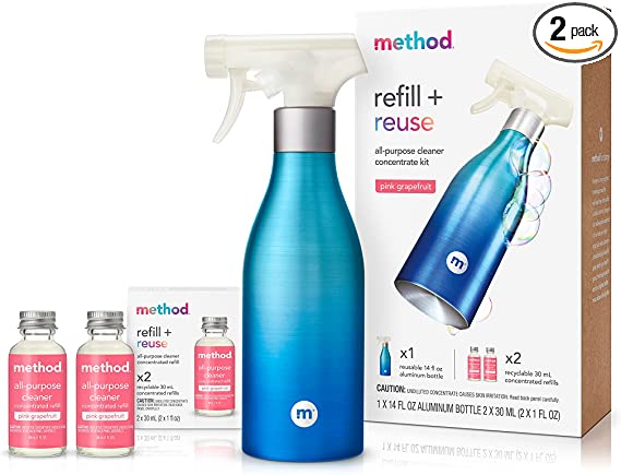 Method All-Purpose Cleaner Concentrates Starter Kit, Pink Grapefruit, 1 Reusable 14 fl oz Bottle and 2 Recyclable 1 fl oz Refills