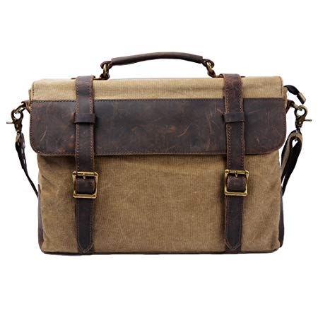 S-ZONE Vintage Canvas Leather Messenger traveling Briefcase Shoulder Laptop Bag (Khaki)