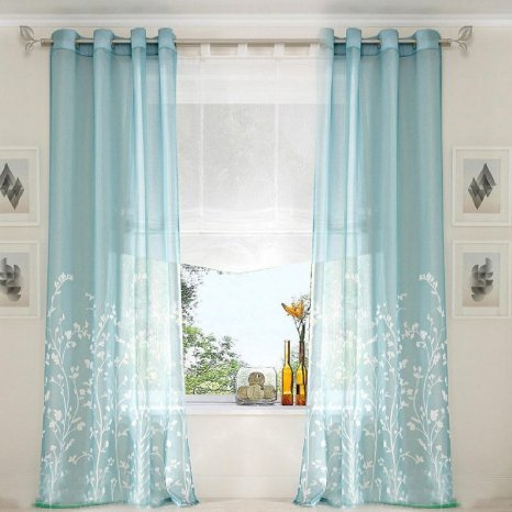 Uphome 1-Pair Wavy Leaves Vine Window Sheer Curtain Panels - Iron Grommet Top Voile Window Treatment,55 x 102 Inch,Blue