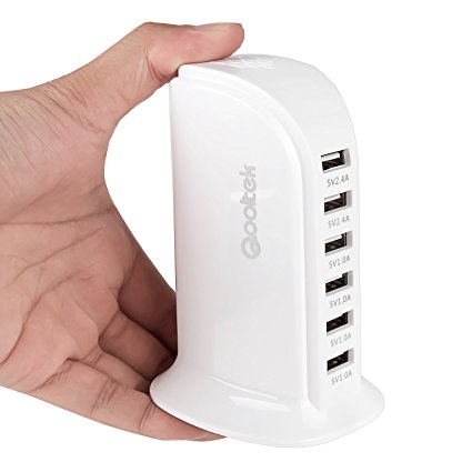 Qooltek 44W 6 Port USB Charger Tower Charger Portable USB Charging Station Travel Charger for Smartphone Tablet and Other USB Device (White)