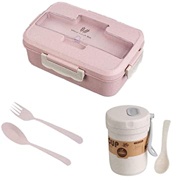 Bento Box Lunch Box Wheat Straw Leakproof Lunch Containers Microwave Safe Lunch Box With Spoon & Fork - Durable, Leak-Proof for On-the-Go Meal, BPA-Free and Food-Safe Materials Gift a Free Cup (Pink)