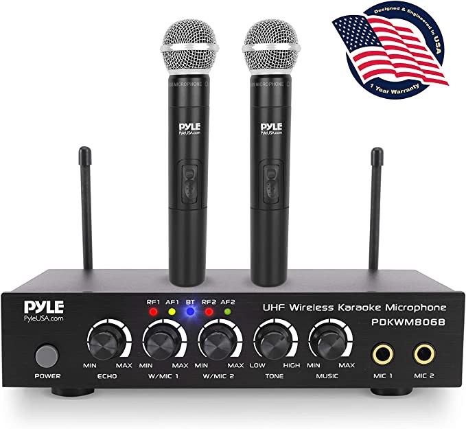 Portable UHF Wireless Microphone System - Battery Operated Dual Bluetooth Cordless Microphone Set, Includes 2 Handheld Transmitter Mic, Mixer Receiver, RCA, for PA Karaoke DJ Party - Pyle PDKWM806B