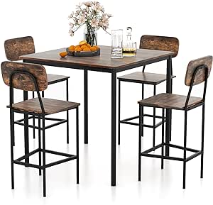 Giantex 5-Piece Dining Bar Table Set, 4 Person Kitchen Breakfast Table Set with Steel Frame, Industrial Counter Height Table Set, Dining Table and Chair Set for Home, Restaurant & Cafe (Coffee)