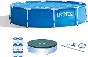 Intex Metal Frame 10' x 30" Round Outdoor Swimming Pool Set with 330 GPH Filter Pump, Maintenance Kit, Cover, and Filter Cartridges (6 Pack)