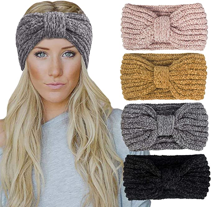 Chalier 4 Pack Winter Headbands for Women Knitted Ear Warmer Headband Crochet Bow Twist Head Wraps(03 Multicolor)