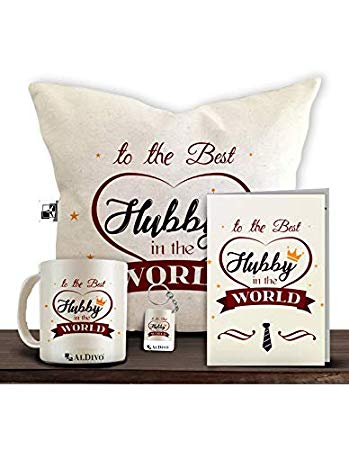 ALDIVO® Gift for Hubby | Gift for Hubby | Gift for Husband | Combo Pack (12" x 12" Cushion Cover with Filler   Printed Coffee Mug  Greeting Card   Printed Key Ring)