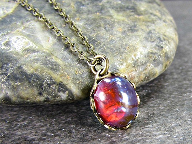 Red Dragons Breath Simulated Opal Pendant and Brass Chain Necklace / Custom Length / Mens or Womens