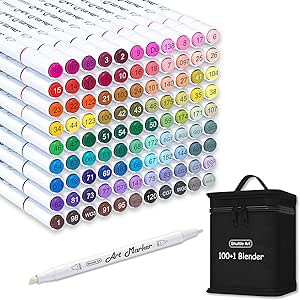 Shuttle Art 100 Colours Alcohol Markers, Dual Tip Art Markers Plus 1 Blender Art Pens for Drawing, Sketching Highlighting, Marker Pens with Carrying Case for Artists and Adult Colouring Manga Design