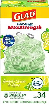 Glad ForceFlex MaxStrength Tall Kitchen Drawstring Trash Bags, 13 Gallon, Sweet Citron Lime with Febreze Freshness, 34 Count, Package May Vary