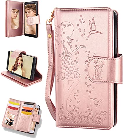 FLYEE Samsung Galaxy Note 9 Case,Galaxy Note 9 Wallet Case, 9 Card Slots High Capacity Leather Magnetic Protective Cover with Mirror and Wrist Strap for Galaxy Note 9 6.4 inch-Rose Gold