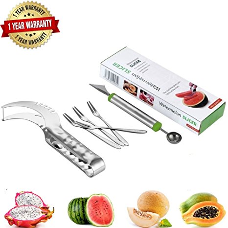 Watermelon Slicer Completed Kits,Baller to Fruit Sharp Carving Knife, 4Pieces Fruit Forks,304 Stainless Stell Materilas,Cutter with Anti-Slip Set Handle, Prefect Used for Kitchen,All Kind Of Melon