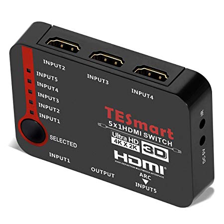 TESmart 5x1 HDMI Switch 5 In 1 Out, Intelligent 5 Port HDMI Switcher, Splitter, For Xbox 360/One, PS4/PS3, etc, Supports 4K@30Hz, Full HD1080P, 3D with IR Remote (Black)