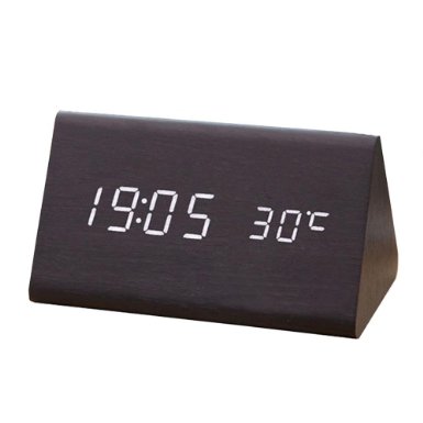 Digital Clock Triangular Wooden Series Voice Sound Activated Wood LED Digital Alarm Clock Temperature Display Powered By USBAA Battery Perfect for Bedroom Travel Triangular Black Wood and White LED Lights
