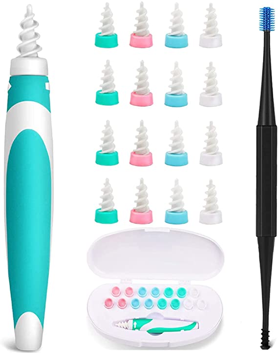 Q-Grips Earwax Remover, Earwax Cleaner Tool Set, Smart Spiral Earwax Removal Tool with 16 pcs Washable Tips, Ear-Wax-Removal-Tool, Safe and Soft (Green-White)