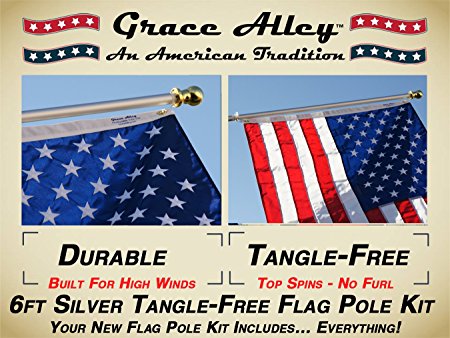 Flag Pole Kit: Outdoor Flag Pole Kit includes US Flag Made in USA Embroidered Stars and Sewn Stripes, Flagpole and Flagpole bracket. Best Tangle Free Spinning Flagpole on Amazon! Residential or Commercial. Silver Aluminum Flag Pole Kit. Wind Resistant / Rust Free.