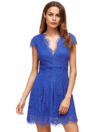 ROMWE Women's Gorgeous V neck A Line Sexy Short Cap Sleeve Lace Dress