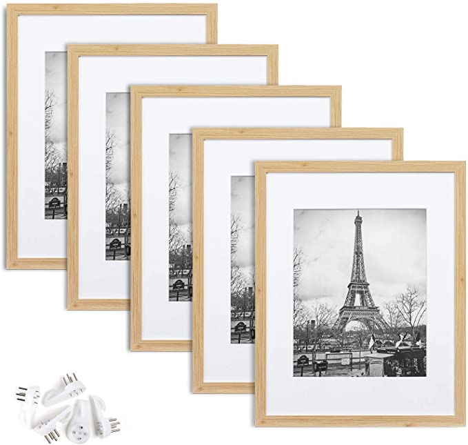 upsimples 11x14 Picture Frame Set of 5,Display Pictures 8x10 with Mat or 11x14 Without Mat,Wall Gallary Photo Frames,Oak