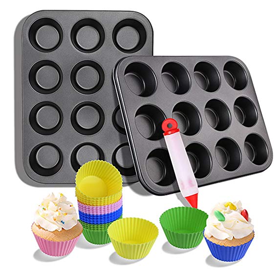 2 Nonstick Cupcake Muffin Pan 24 Reusable Silicone Cupcake Baking Cups Cake Decorating Supplies Bakeware Set