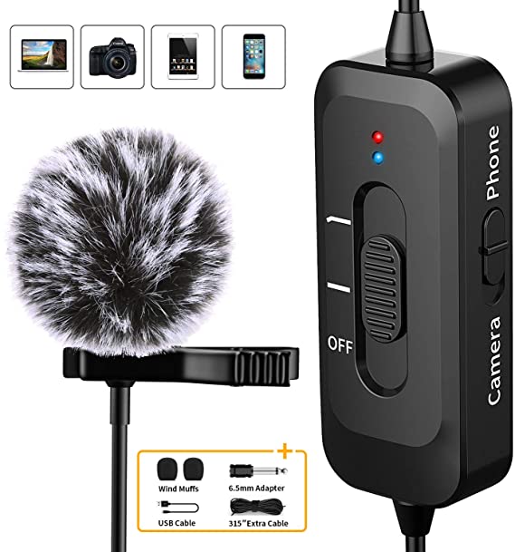 Professional Lavalier Microphone for iPhone Android PC Camera, External Omnidirectional Lapel Mic with USB Charging for Video Recording, YouTube, Interview, Vlogging