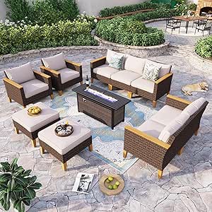 Sophia & William Oversized Patio Furniture Set with Fire Pit Table, Outdoor Wicker Rattan Sectional Sofa 10 Piece Patio Conversation Set for Deck, Backyard, Porch, Outside(56-Inch Fire Pit,Beige)