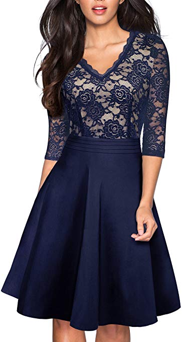 HOMEYEE Women's Chic V-Neck Lace Patchwork Flare Party Dress A062