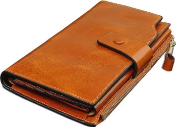 Yaluxe Women's Large Capacity Luxury Wax Genuine Leather Wallet With Zipper Pocket Brown Tan