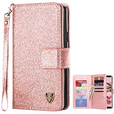 Galaxy Note 9 Wallet Case, BENTOBEN Sparkly Glitter Girls Women Phone Case, Flip PU Leather Credit Card Holder Cash Pockets Wristlet Protective Shockproof Case for Samsung Galaxy Note 9, Rose Gold