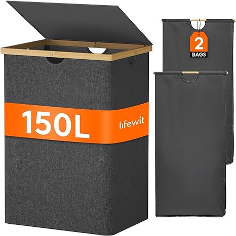 Lifewit 150L Grand Panier à Linge Double en Bambou, Corbeille a Linge Pliable avec Couvercle, Poignées, 2 Compartiments avec Sacs Amovibles, pour Chambre, Salle de Bain, Buanderie, Noir